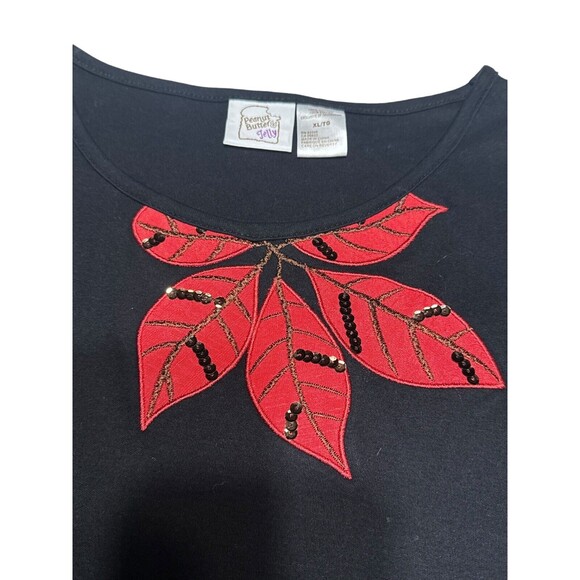 Vintage Peanut Butter & Jelly Black Sweater‎ Red Poinsettia Sequin Women’s XL - Picture 3 of 11
